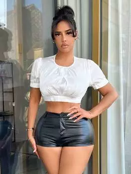 SHEIN SXY женская сексуальная рубашка с короткими плиссированными рукавами и круглым вырезом, белый цвет