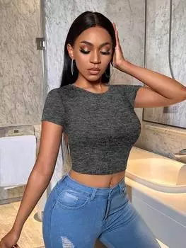 SHEIN SXY Женская укороченная футболка облегающего кроя с короткими рукавами и круглым вырезом для лета, серый