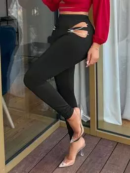 SHEIN SXY женские однотонные обтягивающие леггинсы с высокой талией и ромбовидной цепочкой, украшенные, черный цвет