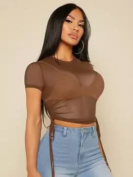 SHEIN SXY Женские однотонные прозрачные топы с круглым вырезом и короткими рукавами со сборками, коричневый цвет
