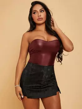 SHEIN SXY Женский эластичный топ без бретелек из искусственной кожи, темно-белый/бордовый