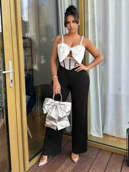 SHEIN SXY женский комбинезон-комбинезон с жемчужной цепочкой и большим бантом, летний, черный и белый