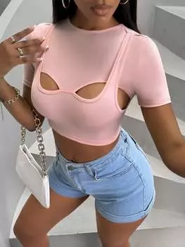SHEIN SXY Женский летний укороченный топ, вырез, круглый вырез, тонкий, розовый