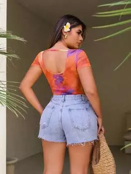 SHEIN SXY женское сексуальное боди из цветной сетки с вырезами и рваными краями, многоцветный