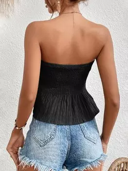 SHEIN Топ без бретелек Frenchy, однотонный, с оборками/рюшами, черный цвет