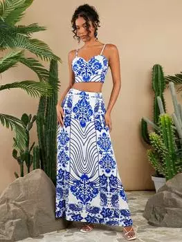 SHEIN TRVLCHIC Укороченный топ с винтажным узором для летних каникул Топ с лямкой на шее, многоцветный