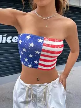 SHEIN Укороченный топ без бретелек EZwear, американский принт, многоцветный