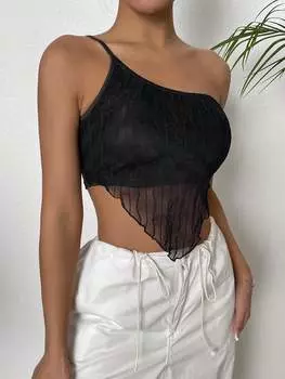 SHEIN Укороченный топ Essnce Асимметричный подол с бретельками-спагетти, черный цвет