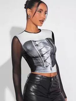 SHEIN Укороченный топ Haute Контрастность печати тепловой карты тела, черный и белый