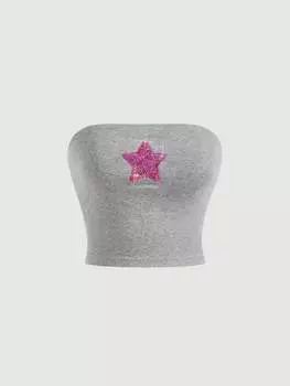 SHEIN Укороченный топ Qutie, звезды, пайетки, вышивка, серый