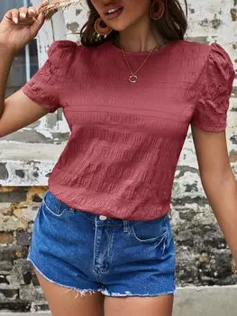 SHEIN VCAY Фактурная блузка, однотонная, с рукавами-фонариками, арбузно-розовый