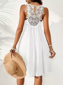 SHEIN VCAY однотонное праздничное трикотажное платье со свободной спиной в стиле пэчворк, кружевное женское летнее платье на бретельках, белый цвет