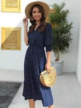 SHEIN VCAY платье в горошек, треугольный вырез, оборка/ниж с рюшами, темно-синий