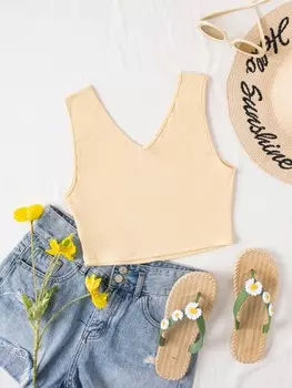 SHEIN VCAY Summer Holiday однотонная повседневная летняя укороченная майка, абрикосовый цвет