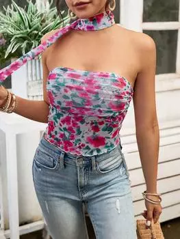 SHEIN VCAY Топ с цветочным принтом и завязками на воротнике, многоцветный