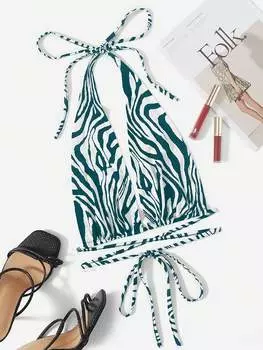 SHEIN VCAY женский топ, V-образный вырез, вязаный воротник-хомутик, на завязках, зеленый