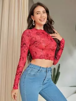 SHEIN VCAY Женский укороченный топ с расклешенными рукавами и цветочным узором, розовый фуксия