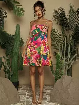 SHEIN VCAY Женское летнее отпускное платье на тонких бретельках с цветными блоками и цветочным принтом, многоцветный