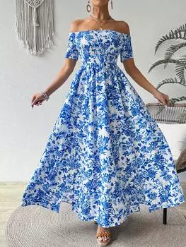 SHEIN VCAY женское платье с короткими рукавами и принтом для летних каникул, синий и белый