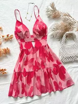 SHEIN WYWH Holiday Платье-трапеция на бретельках, V-образный вырез, открытая спина, 25 моделей, многоцветный