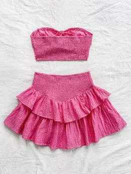 SHEIN WYWH Комплект из топа без бретелек и фактурной юбки миди для отпуска/досуга, розовый