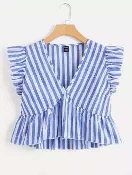 SHEIN WYWH Рубашка в полоску, рукава с рюшами, асимметричная форма, баска, синий и белый