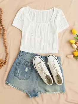 SHEIN WYWH Текстурированная футболка с коротким рукавом для спокойного отдыха, белый цвет