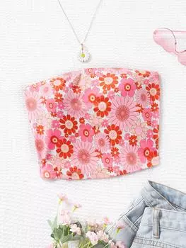 SHEIN WYWH укороченный топ без бретелек с цветочным принтом, розовый
