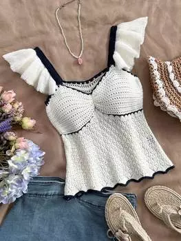 SHEIN WYWH вязаный отпускной топ без рукавов с рюшами, синий и белый