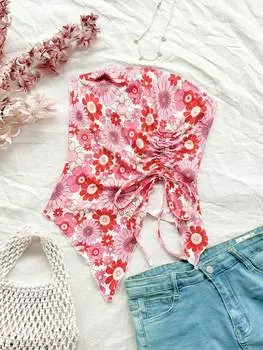 SHEIN WYWH WYWH Женская повседневная рубашка без бретелек с розовым цветочным принтом для отдыха, многоцветный