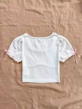 SHEIN WYWH Женская летняя футболка с короткими рукавами, контрастным кружевом и бантом. Идеально подходит для праздников и милых образов, белый цвет