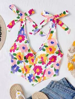 SHEIN WYWH женская майка, цветочный узор, глубокий V-образный вырез, бретельки, многоцветный