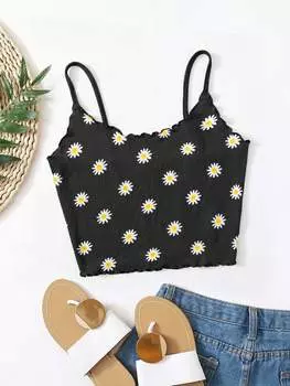SHEIN WYWH женская майка, ромашка, зубчатый край, черный цвет