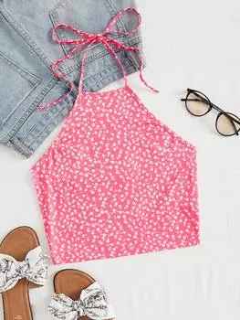 SHEIN WYWH Женская мода Slim Fit вязаный топ в горошек с бретелькой на бретельках, розовый