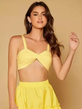 SHEIN WYWH Женская однотонная укороченная майка на бретельках с перекрученным узлом, желтый