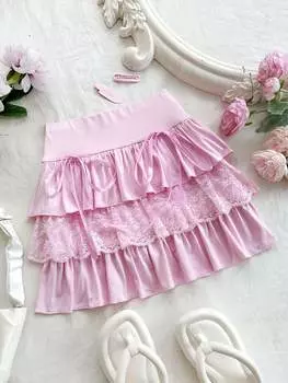 SHEIN WYWH Женская романтическая кружевная многослойная юбка в стиле пэчворк для отдыха, розовый