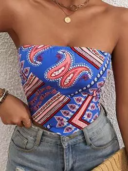 SHEIN WYWH Женский летний топ без бретелек с баской и асимметричным принтом, с галстуком-бабочкой сзади, цвет синий