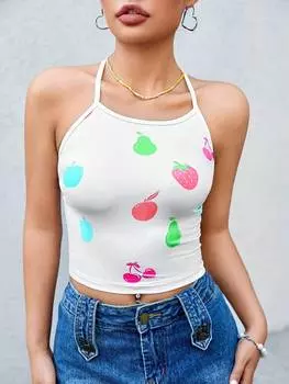 SHEIN Женская майка Qutie, фруктовый узор, воротник-хомутик, белый цвет
