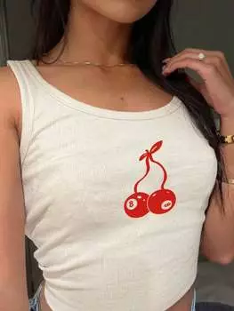 SHEIN Женская майка Qutie, вишневый принт, укороченная, белый цвет