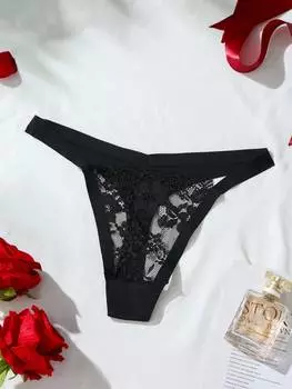 SHEIN женское кружево, пришивной рисунок ткани, нижнее белье, стринги, нижнее белье, черный цвет