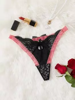 SHEIN Женское нижнее белье стринги с кружевом и бантом, черный цвет