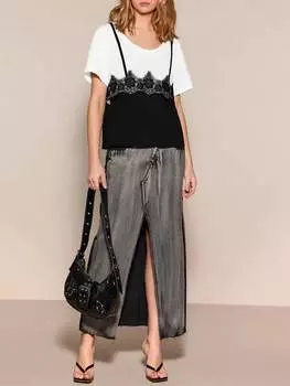 SHEINNeu женская летняя повседневная кружевная укороченная футболка и однотонная майка, черный цвет