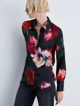 Шелковая атласная рубашка в цветочек Mango, черный/разноцветный