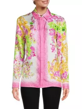 Шелковая блузка с цветочным принтом Versace, цвет White Pink