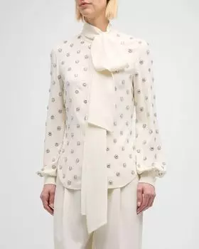 Шелковая блузка с длинными рукавами и вышивкой кристаллами Oscar de la Renta, цвет Ivory