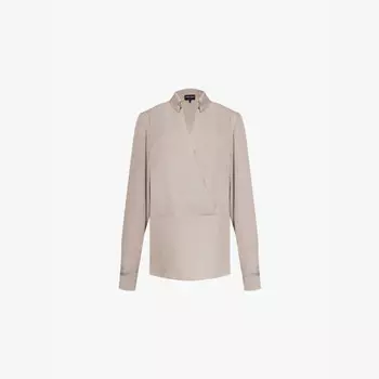 Шелковая блузка с V-образным вырезом и длинными рукавами Giorgio Armani, синий