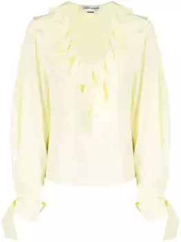 Шелковая блузка с V-образным вырезом и оборками VICTORIA BECKHAM, желтый