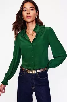 Шелковая блузка с воротником рюшами Boden, зеленый