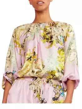 Шелковая блузка со сборками и завитками Cynthia Rowley, мультиколор