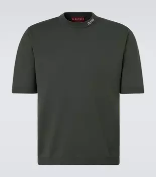 Шелковая и хлопковая футболка с логотипом Gucci, Military Green/White